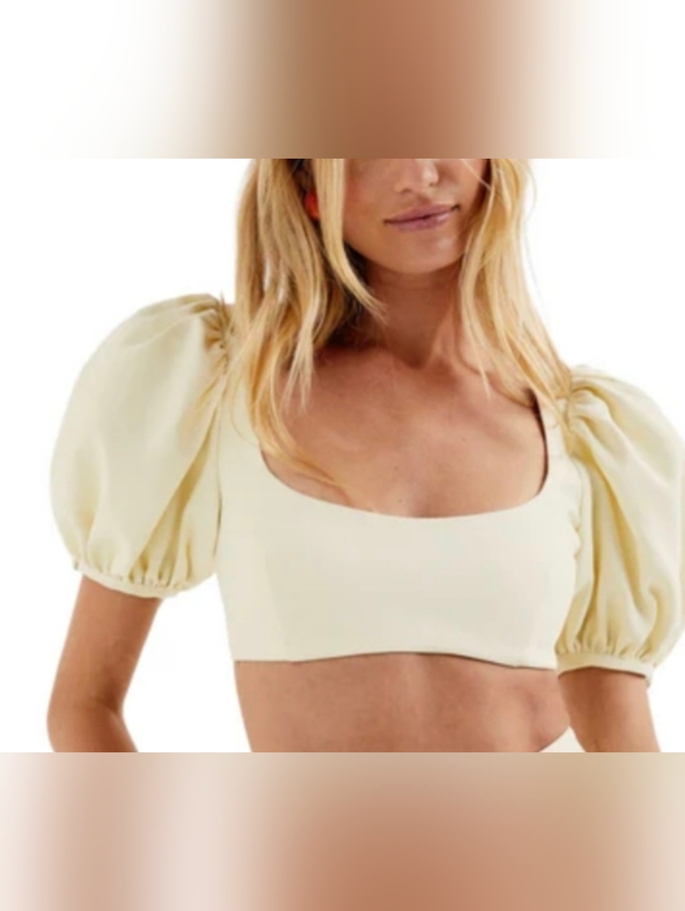For Love And Lemons Courtney Cream Puff-Sleeve Square-Neck Crop Top Yellow NWT